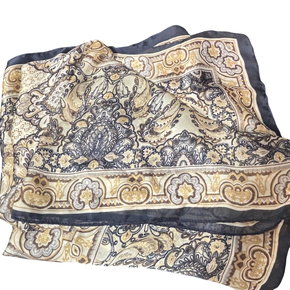 Collection Eighteen 100% Silk Scarf OS Baroque Navy Blue Gold Paisley Boho‎ Chic